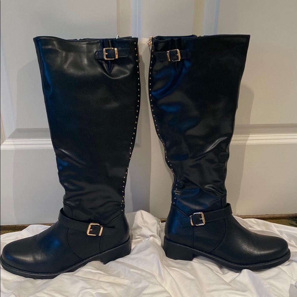 Black Knee-High Boots with Gold Buckles, Studs and Zipper - Picture 2 of 5